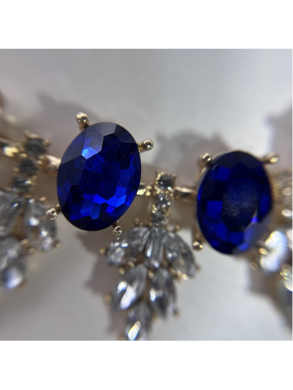 VTG Blue Rhinestone Statement Bib Necklace Gold Tone Crystal Prom Wedding Formal - Picture 6 of 12